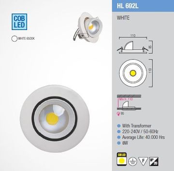 Светильник светодиодный HL692L 8W Белый встраиваемый поворотный